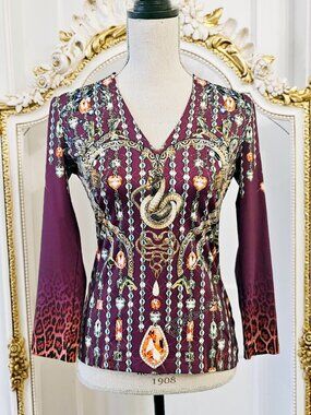 Just Cavalli burgundy printed stretch top, size M